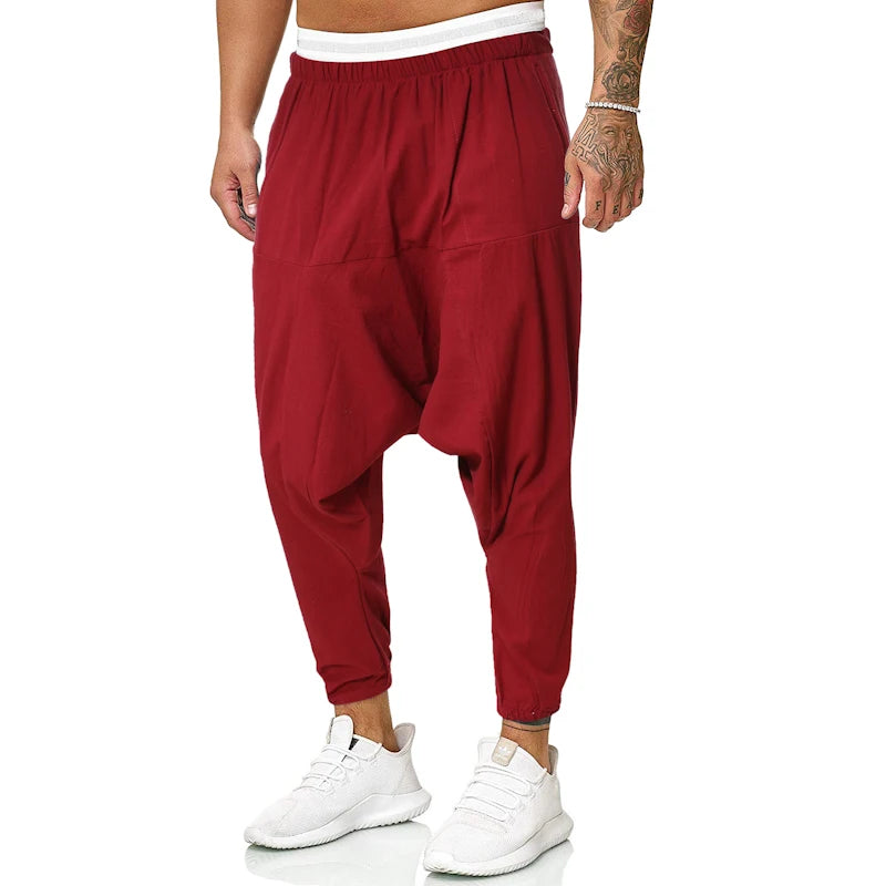 Fashion Cotton Linen Harem Pants Men Solid Elastic Waist Streetwear Joggers Baggy Drop-crotch Pants Casual Trousers Men