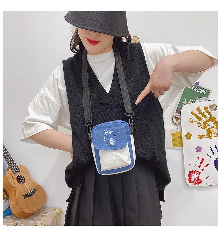 Ladies Fashion Canvas Small Square Bag Korean Version Multifunctional Cute Dog One-shoulder Diagonal Mobile Phone Package