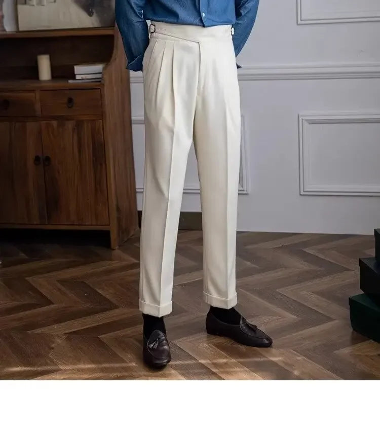 Spring Autumn White Men's Trousers Business Casual Cropped Pants Paris Button Trendy Italian Style