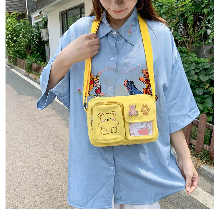 Canvas Small Bag Japanese ins Women Shoulder Bag Cute Funny Personality Embroidery Bear Girl Student Transparent Messenger Bag