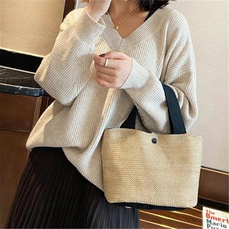 Fsahion Woven Ladies Straw Woven Handbag for Women's Holiday Beach Casual Tote Top-Handle Bags Handmade Retro Shoulder Bags 2024