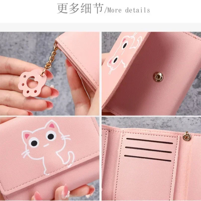 New Women Fashion Wallet Cute Cartoon Cat Girl Credit Card Coin Holder Money Short Purses PU Leather Large Capacity Ladies Purse