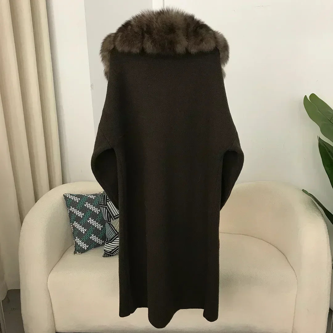 2024 Natural Fox Fur Collar Jacket Spring Autumn Real  Sweater Fur Coat Women Belt Long Loose Thick Warm Outerwear Knitting Coat