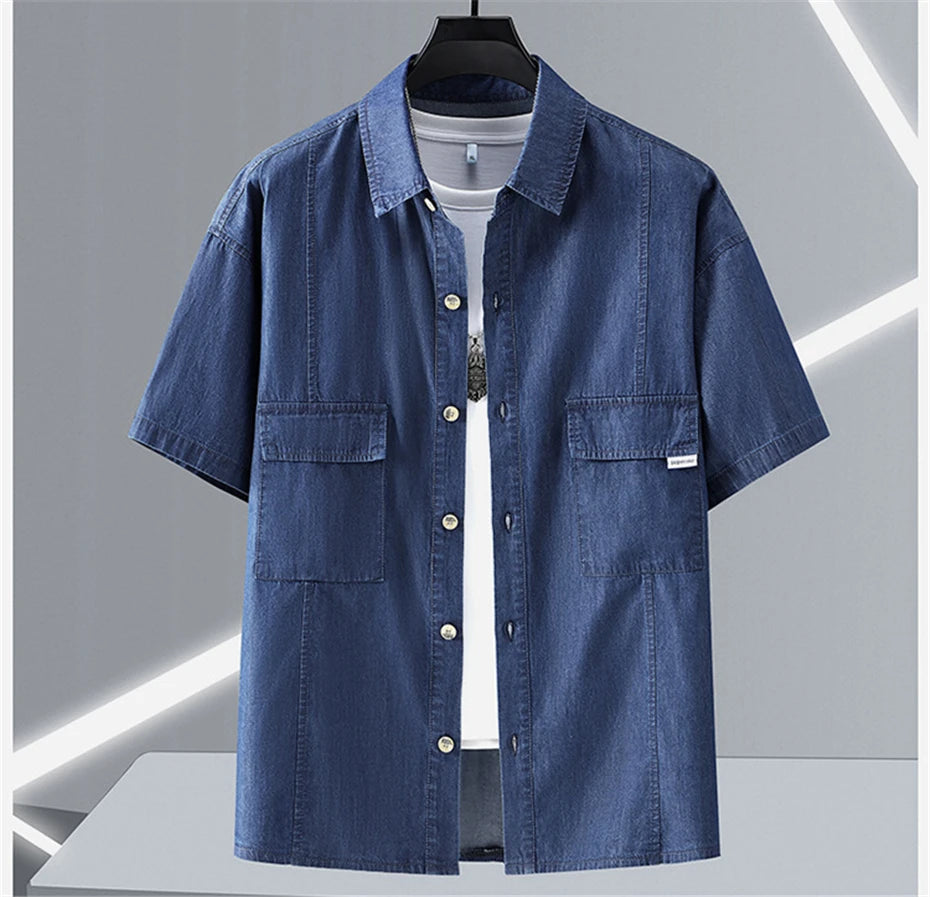 Summer Denim Shirt Men Short Sleeve Denim Shirts Jackets Male Plus Size 10XL Jean Shirts Blue Solid Color Tops Summer