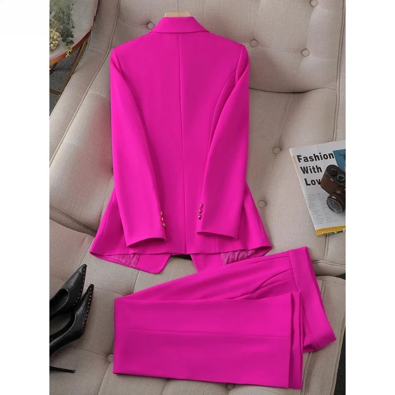 Button Decoration Formal Jacket Blazer and Trouser 2 Piece Set Fashion Pink Green Black Ladies Work Wear Pant Suit Women