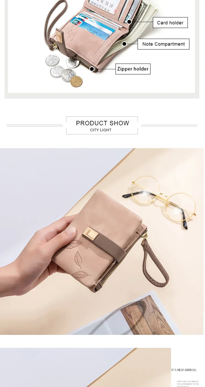 Fashion Female Wallet Short Leaf Print Purse Women Small Nubuck Leather Purse with Wrist Strap