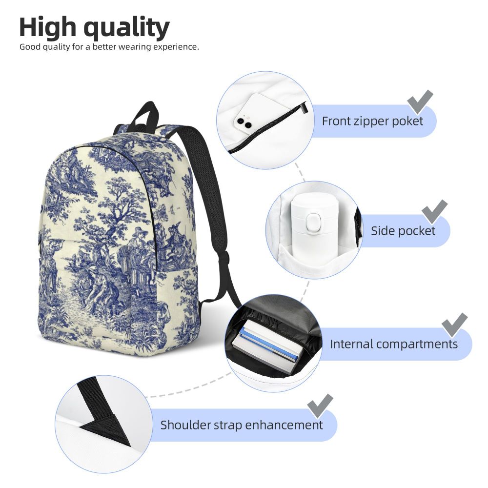 Personalized Navy Blue Toile De Jouy Canvas Backpacks Men Women Basic Bookbag for School College French Countryside Floral Bags