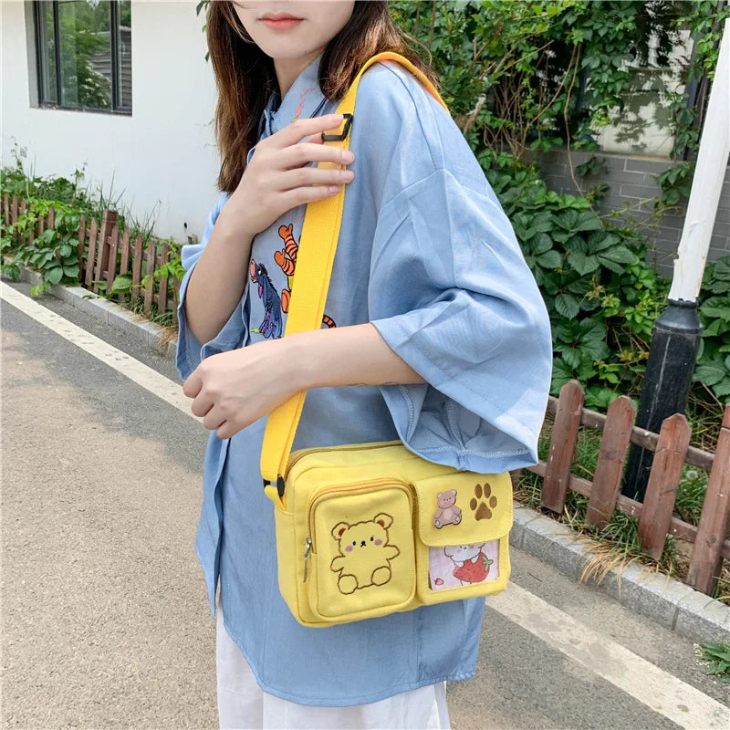 Canvas Small Bag Japanese ins Women Shoulder Bag Cute Funny Personality Embroidery Bear Girl Student Transparent Messenger Bag