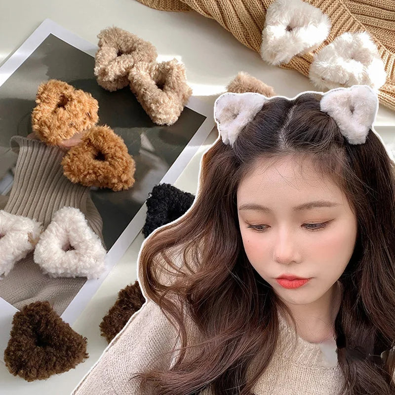 Plush Cat Ears Hair Clips For Women Girls Lamb Cashmere Hairpin Forehead Bangs Clip Fluffy Children New Winter Hair Accessories