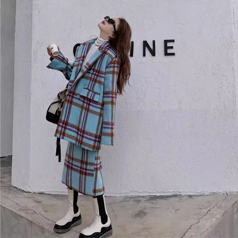 Checkered Suit Jacket for Women's Autumn/Winter 2024 Hong Kong Style Retro Small Fragrant Half Skirt Two-piece Set Trendy Trendy