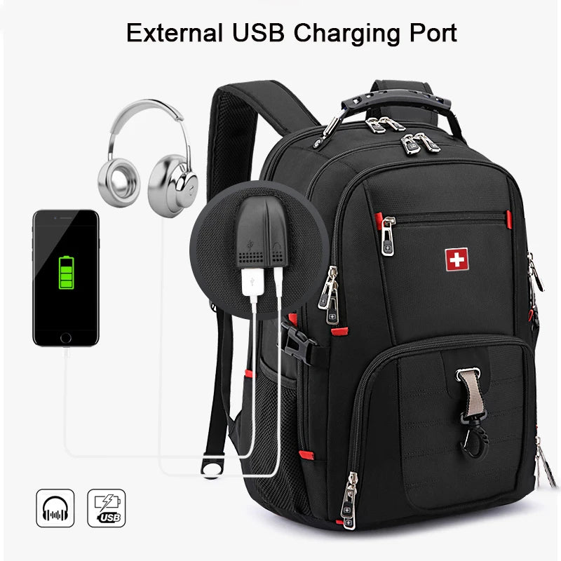 Swiss Durable 17 Inch Laptop Backpack 45L Travel Bag College Bookbag USB Charging Port Water Resistant Multifunctional Mochila