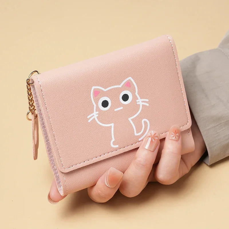 New Women Fashion Wallet Cute Cartoon Cat Girl Credit Card Coin Holder Money Short Purses PU Leather Large Capacity Ladies Purse