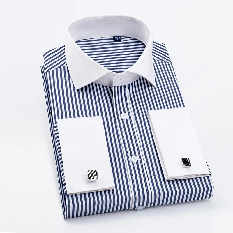 Men's French cufflink shirt with slim fit and contrasting color collar, Windsor collar, striped formal long sleeved shir