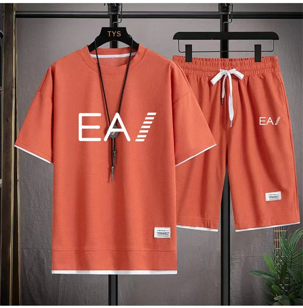 Men's summer new round necked short sleeved and shorts two-piece set with the letters EA1 printed, fashionable and casual set