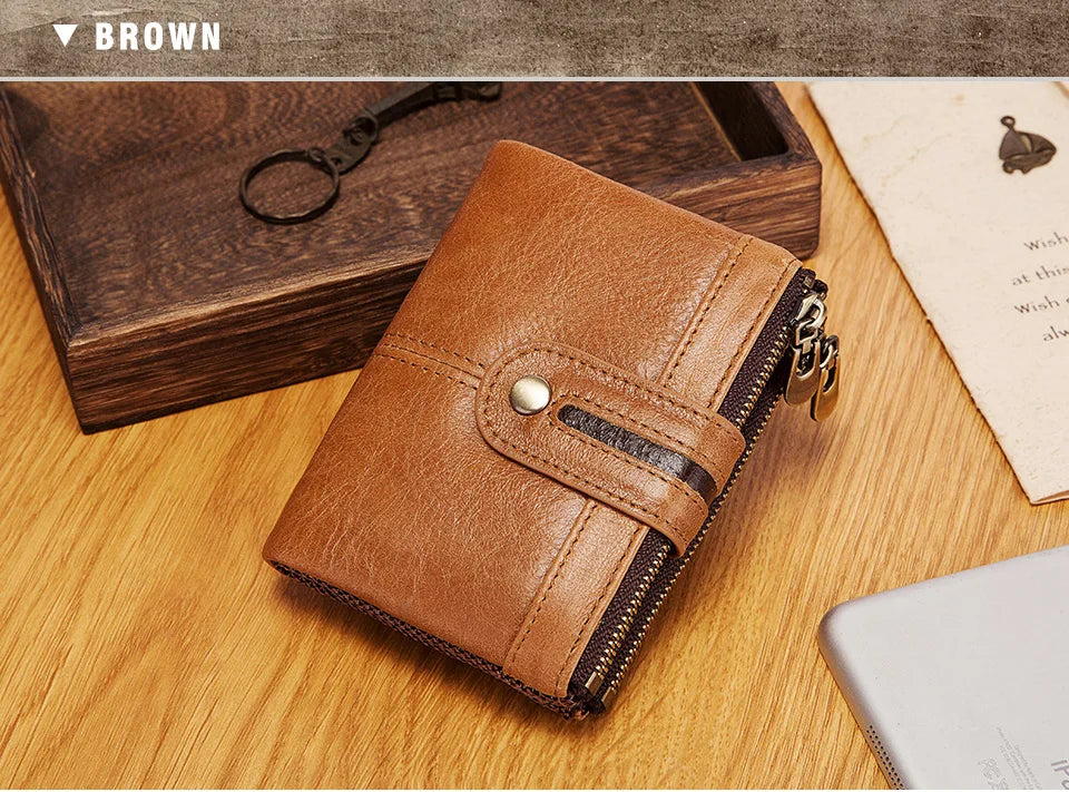 Short Genuine Leather Men's Wallets England Style Clutch Bag Top Quality Mini Purse for Women with Double Zipper Coin Pocket