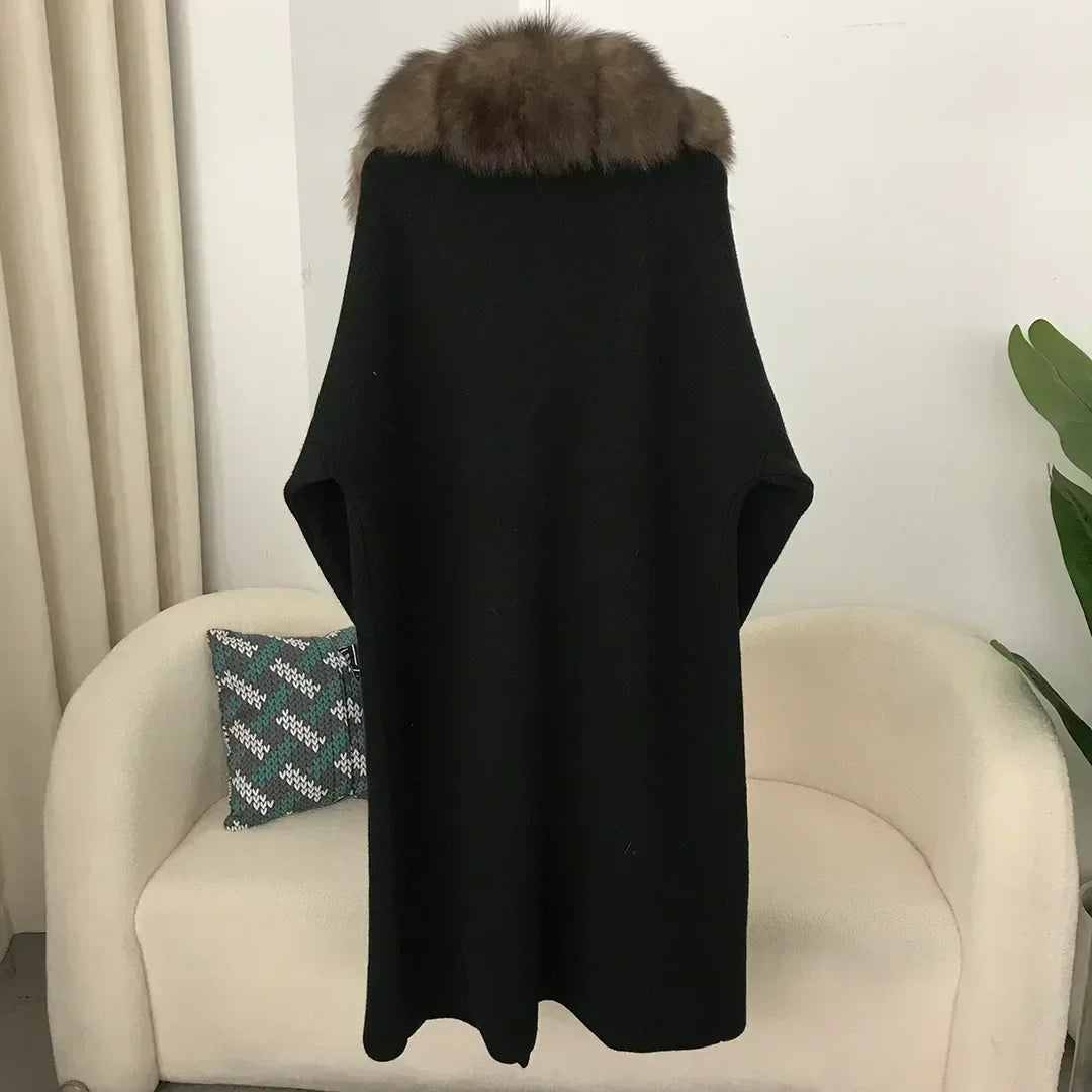 2024 Natural Fox Fur Collar Jacket Spring Autumn Real  Sweater Fur Coat Women Belt Long Loose Thick Warm Outerwear Knitting Coat