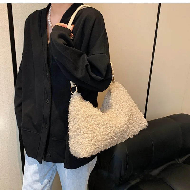 New Autumn Winter Lambswool Shoulder Crossbody Bag For Women Large Capacity Plush Handbag Fashion Messenger Bag Casual Hobo Bag