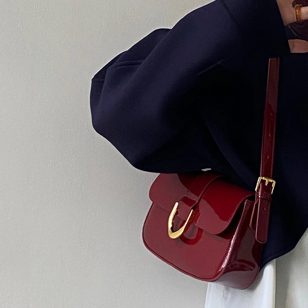 Retro Patent Leather Shoulder Bag For Women Luxury Flap Crossbody Bag Solid Color Underarm Bag Red Crossbody Bag Lady Handbag