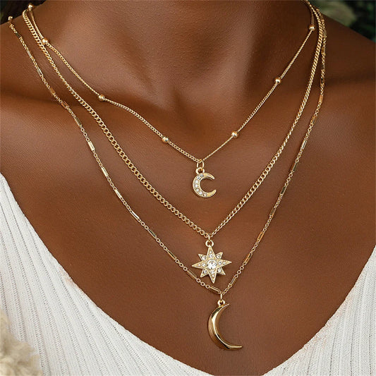 Collier avec pendentif en cristal de lune et soleil en chaîne géométrique plaqué or Boho pour femmes, bijoux en métal à plusieurs niveaux vintage à la mode, vente en gros