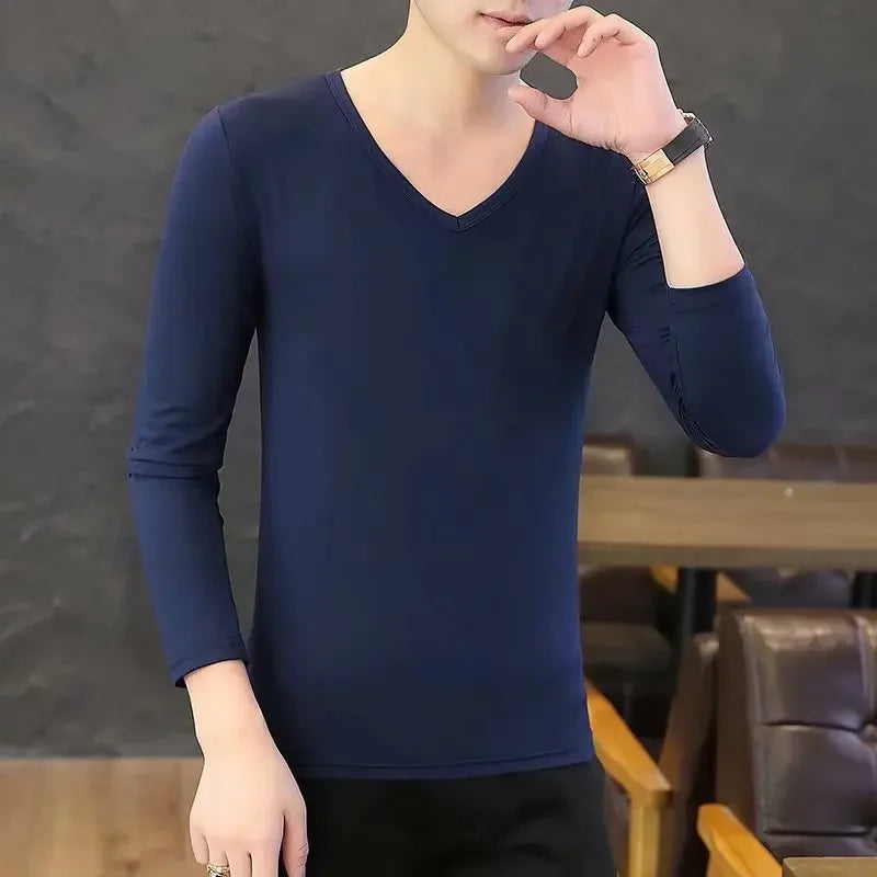 Men's Long Sleeve Black V-neck Base Layer T-shirt Solid Color Autumn Innerwear Thin Style Comfortable Men's Top