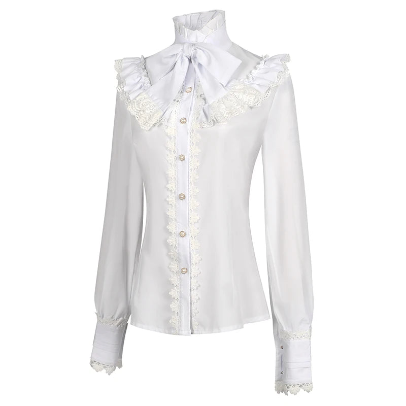 Chemise à manches longues gothique rétro à manches longues en dentelle à volants et col en nœud Lolita Chemise blanche à boutons victorienne Chemise de bureau