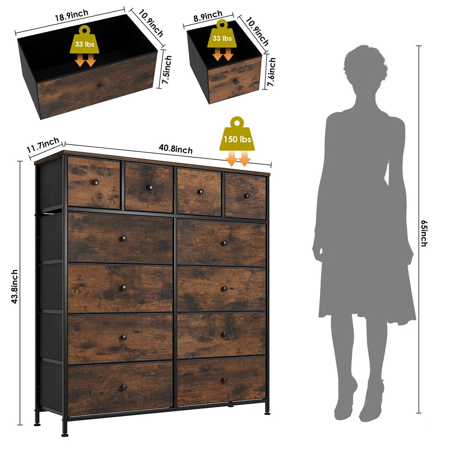 Dresser for Bedroom 12 Drawer Double Dresser, Storage Tower with Fabric Bins, Chest of Drawers for Closet, Living Room,Hallway