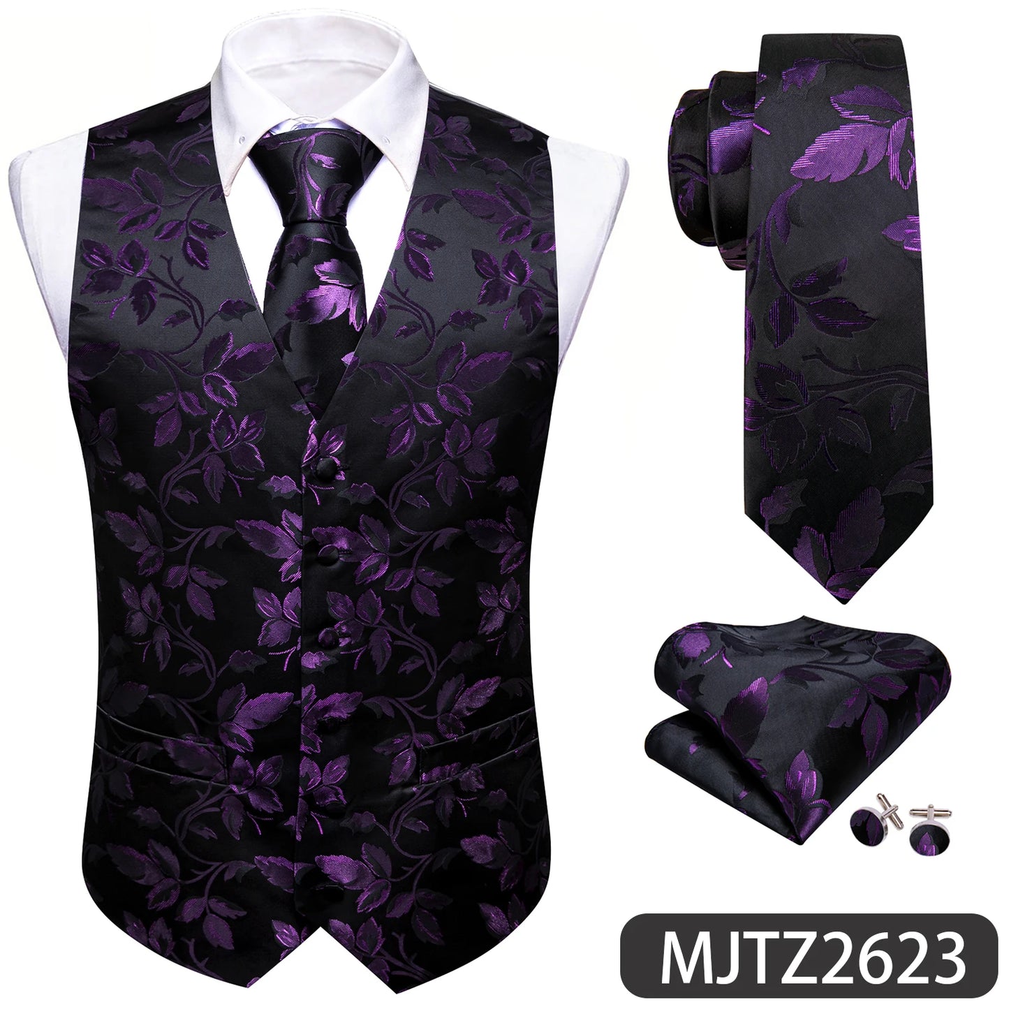 Lilac Purple Violet Lavender Silk Men Vest Tie Hanky Cufflinks Set Woven Waistcoat Sleeveless Jacket Wedding Business Barry.Wang