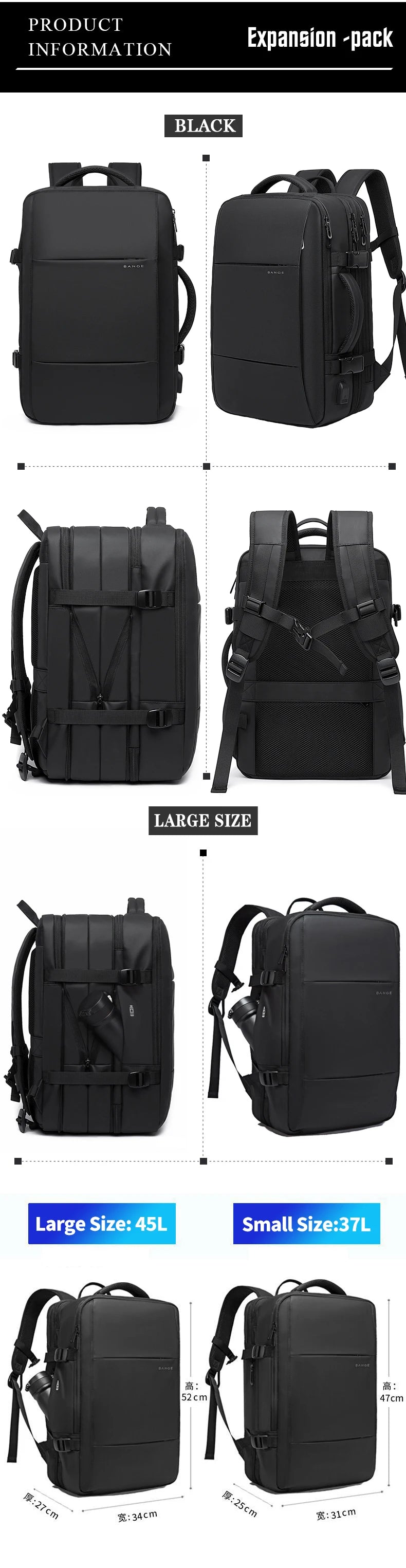 BANGE Travel Backpack Men Business Backpack School Expandable USB Bag Large Capacity 17.3 Laptop Waterproof Fashion Backpack