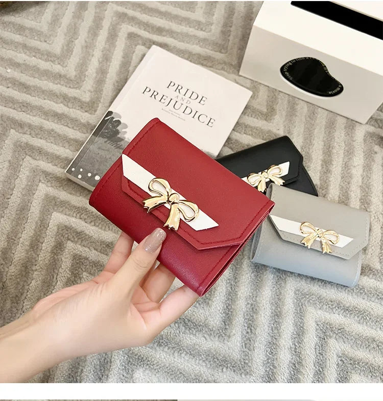 Women Wallet Foldable Portable Ladies Short Coin Purses Fashion Cute Bow Clutch Bag PU Leather Quality Female Card Holder Purse