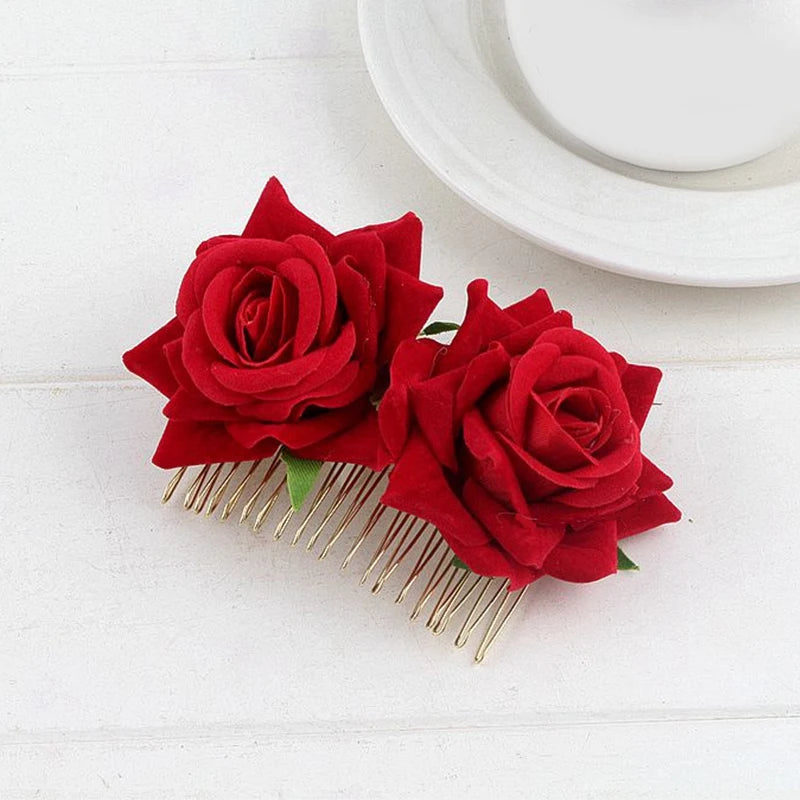 Flamenco Flowers For Hair DIY Headdress For Bridal Flocking Cloth Red Rose Flower Hairpin Hair Clip Party Hair Accessories