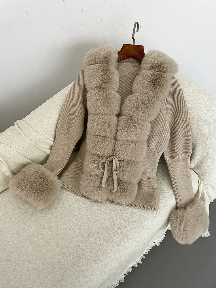 Fall Winter Women Faux Fur Coat Luxury Patchwork Knitted Sweater Bandage Fur Cardigan Detachable Collar Jackets Faux Fur Coats