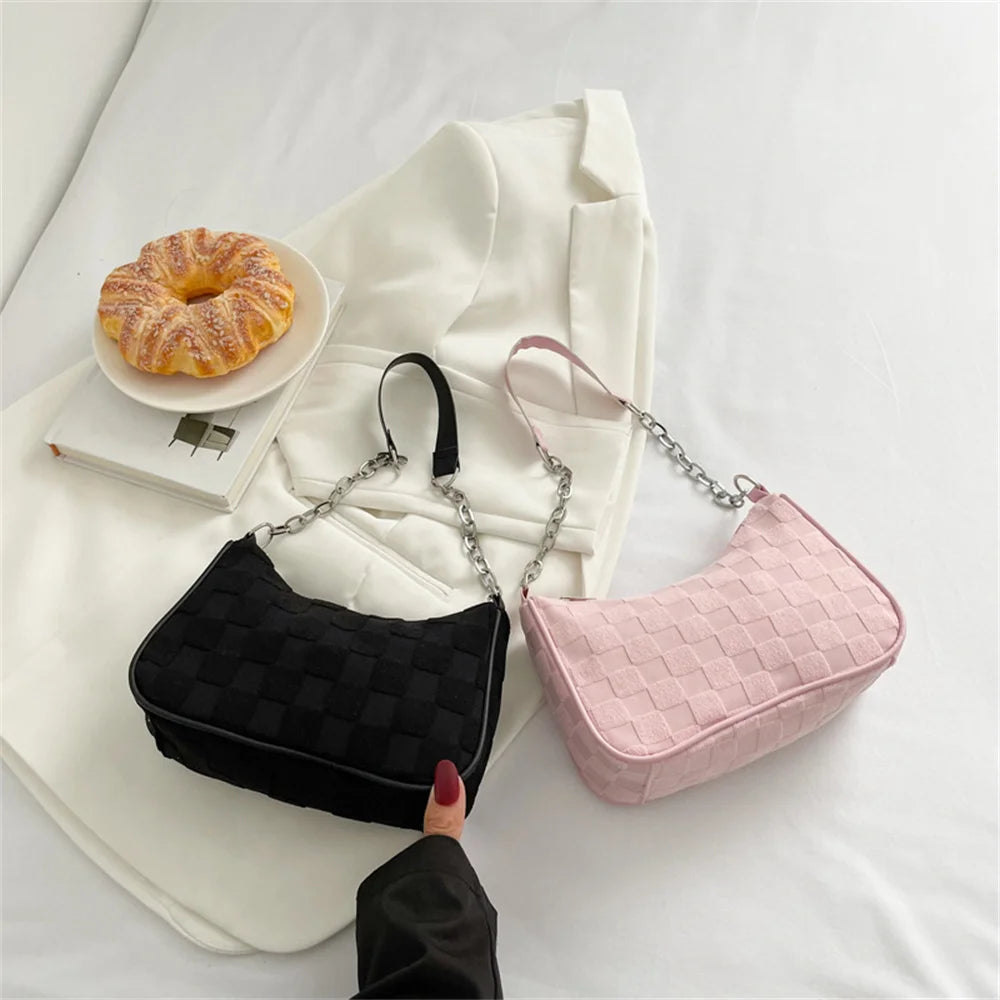 2023 New Fashion Women Handbags Canvas Underarm Chain Bag Casual Small Square Bag Simple Grid Women Shoulder Bags Female Clutch