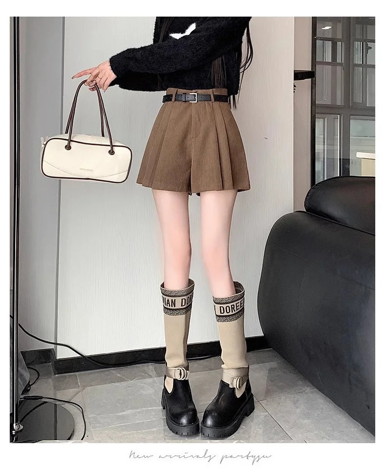 Corduroy Velvet Women Shorts Autumn Winter High Waist Slim Flared Trousers Fashionable Temperament A- crotch Boots