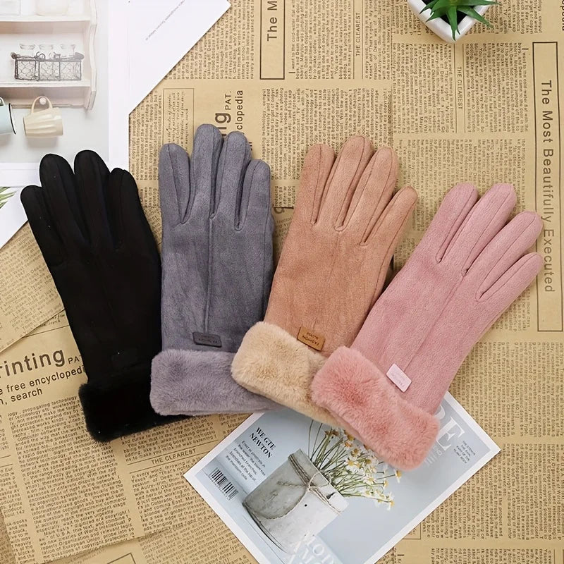 Women Winter Thick Plush Leather Gloves Fashion Winter Warm Skiing Outdoor Women Gloves Lady Elegant Casual Touch Screen Gloves