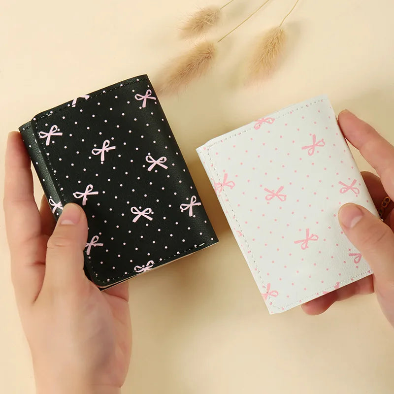 Cute Flower Bow Wallet Women Sweet Pink Three Fold Purse Card Holder for Girl Portable Travel Cash Coin Pouch Photo Card Bag