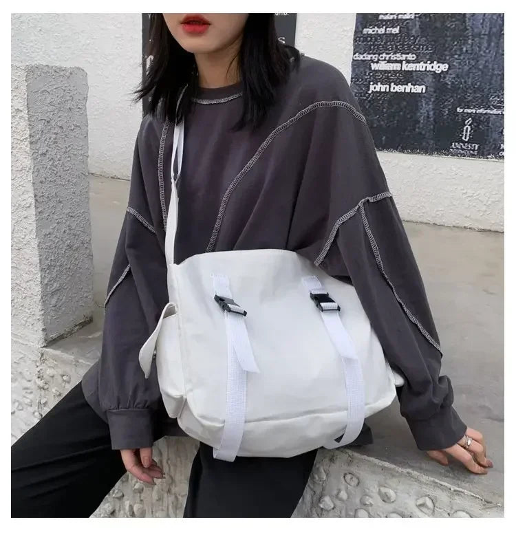 Japanese Harajuku Women Messenger Bag Solid Color Canvas Crossbody Bags Student Large Capacity Handbags Shoulder Bag Bolsos Sac