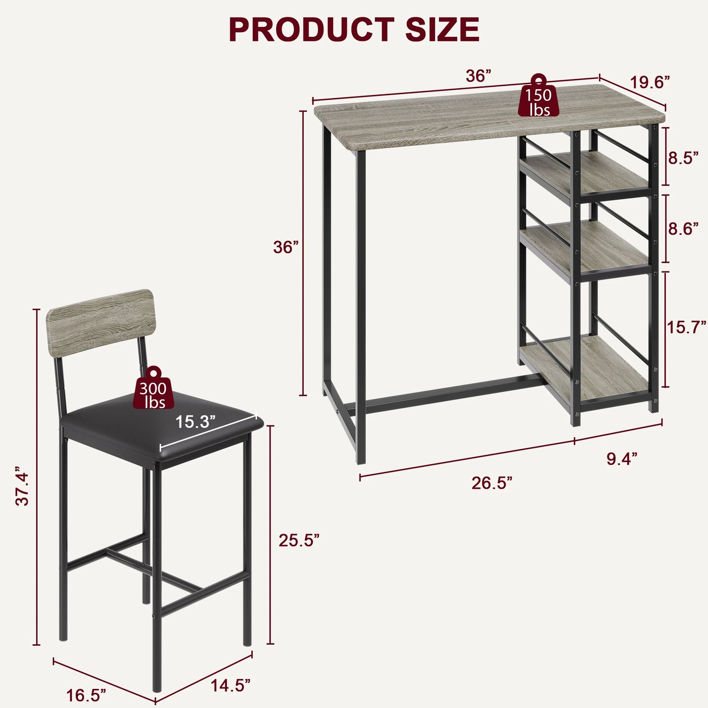 Dining Table Set for 2 Bar Table and Chairs for 2 Kitchen Table Set with 2 Upholstered Chairs 3 Large Storage Shelves Pub Table