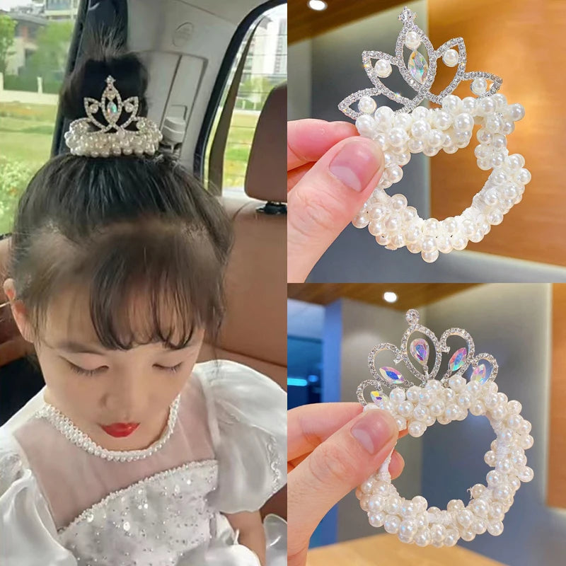 2PC Fashion Pearl Crown Princess Hair Bands Elastic Rubber Bands Children Ball Hair Bun Ties Hair Styling Accessories