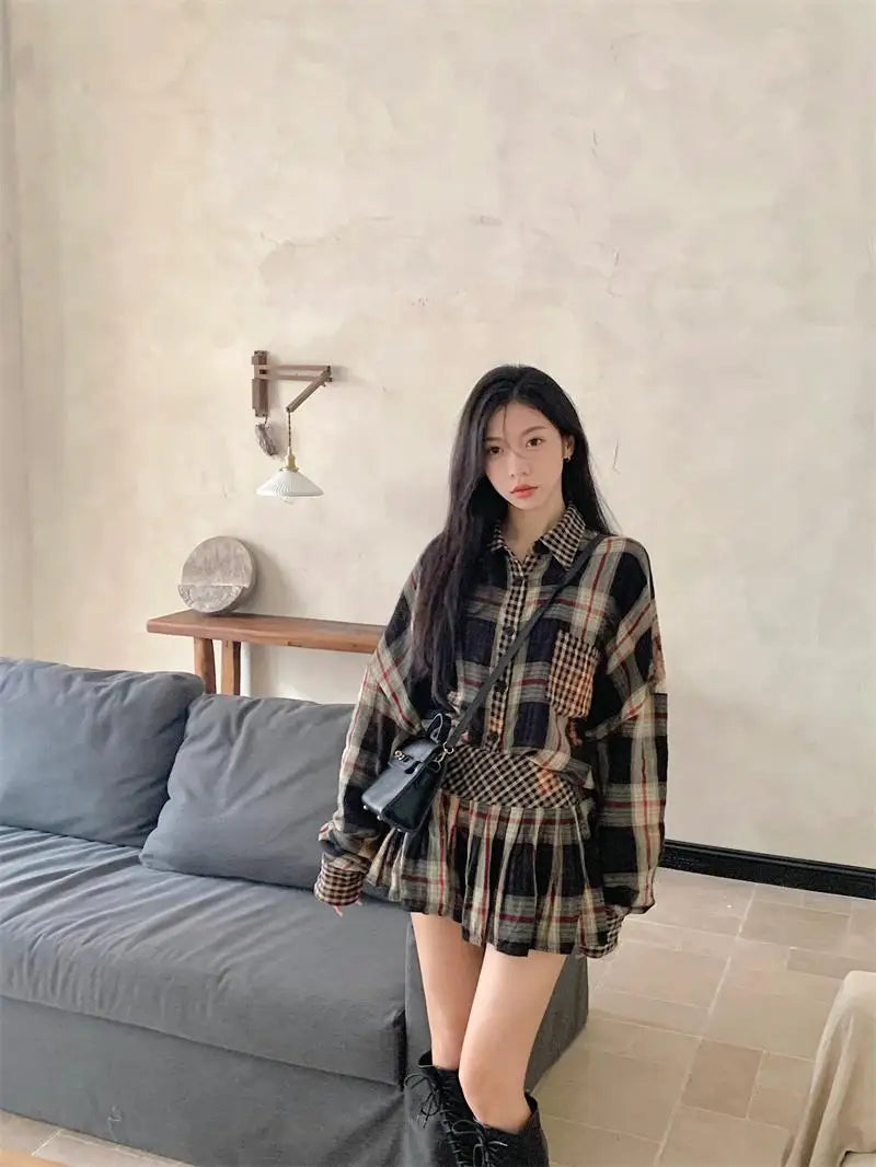 Onalippa Contrast Plaid Two Piece Sets Womens Outfits Turn Down Collar Casual Blouse Korean Chic Waist Belt Mini Pleated Skirts