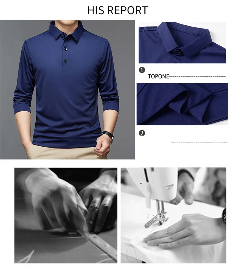 Fashion Men New Business Solid Polo Shirts Spring Autumn Thin Long Sleeve Button Lapel Male Clothing Loose Casual T-Shirt Tops