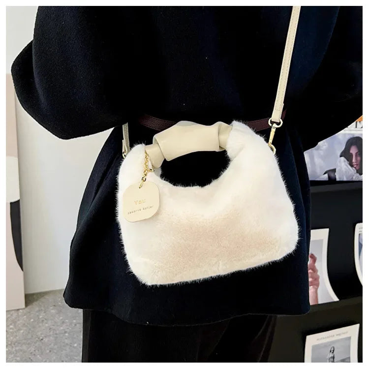 New Fashion Women Lady Shoulder Underarm Bag Solid Color Soft Plush Handbag Fluffy Totes Purse Autumn Winter Shopping Bag