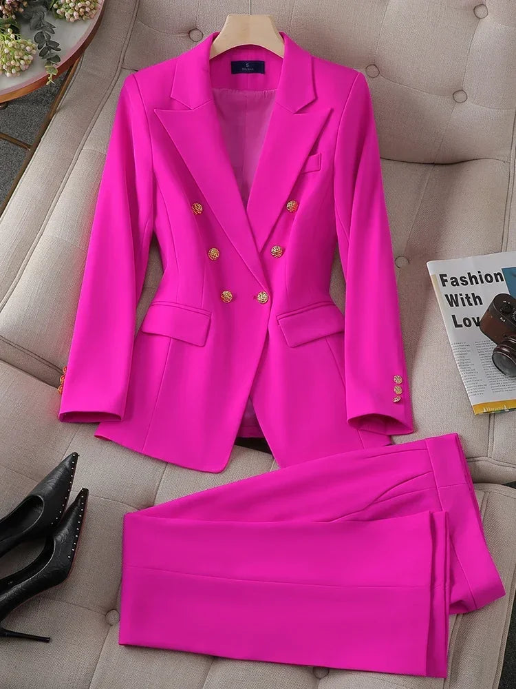 Button Decoration Formal Jacket Blazer and Trouser 2 Piece Set Fashion Pink Green Black Ladies Work Wear Pant Suit Women