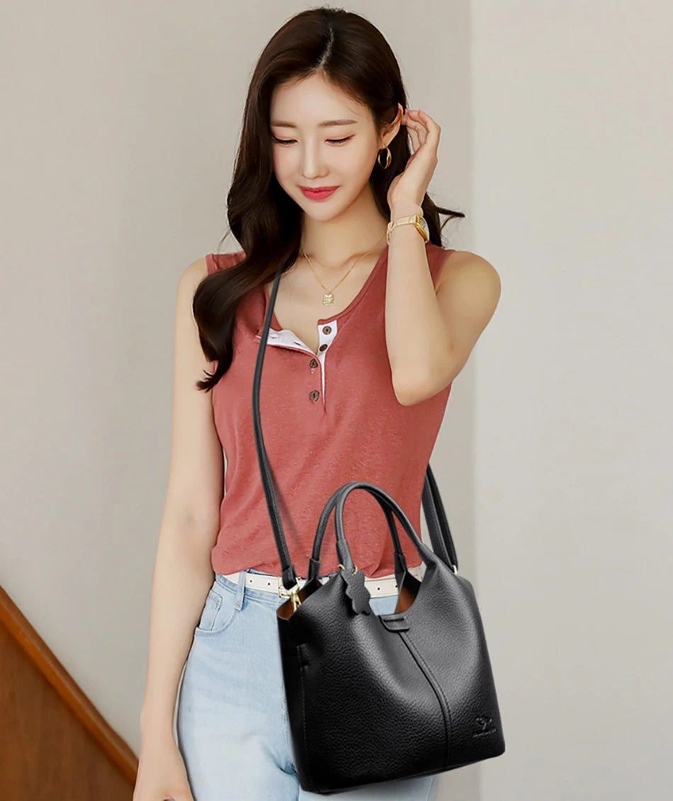 2024 New High Quality Soft Leather Women Bucket Bag Luxury Large Capacity Female Handbag Famous Designer Women's Shoulder Bags