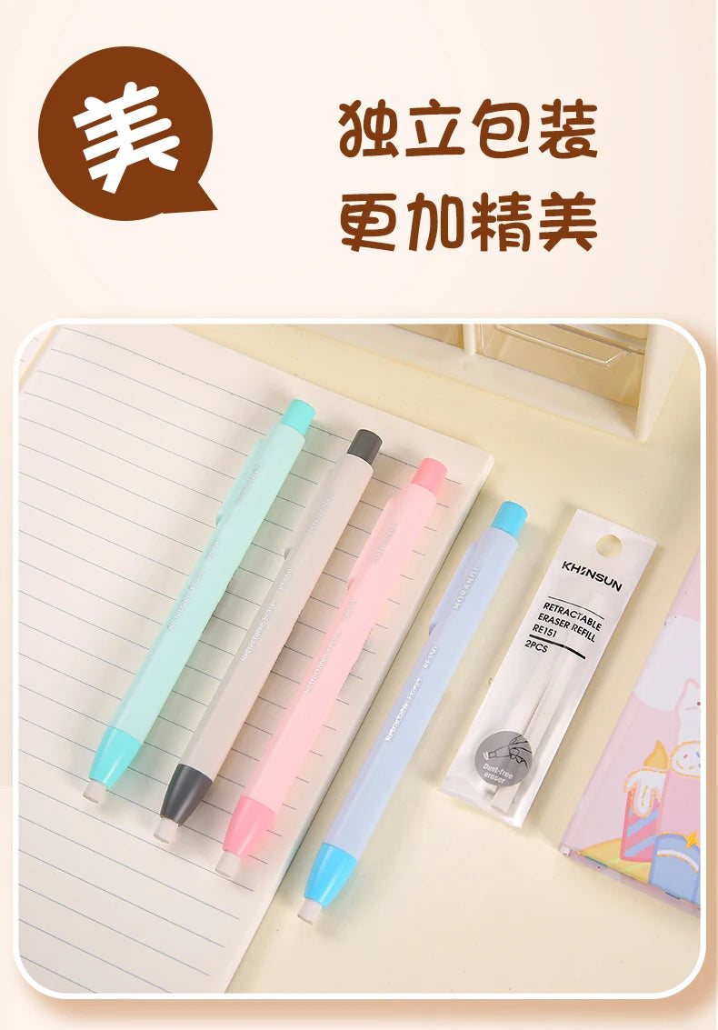 KHINSUN Press Retractable Pencil Eraser Correction Supplies Pen Style Pencil Rubber Writing School Supplies Stationery