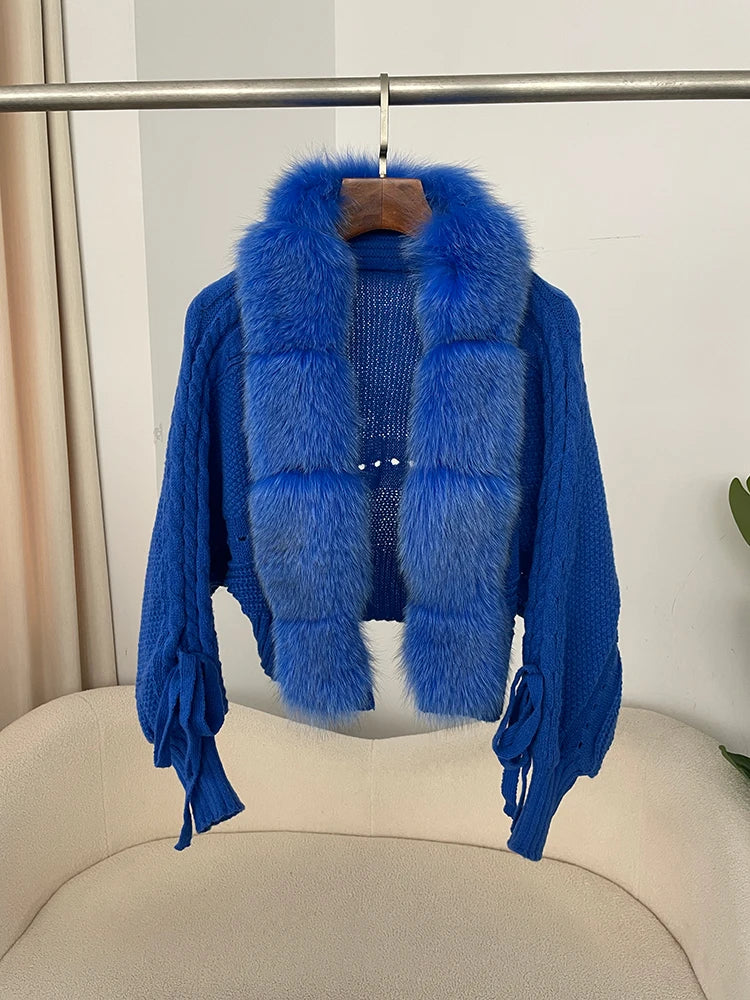 New Knitting Cardigan 2024 Winter Women Knitted Jacket with Natural Fur Placket Coat Casual Real Fox Fur New Fashion Short Warm