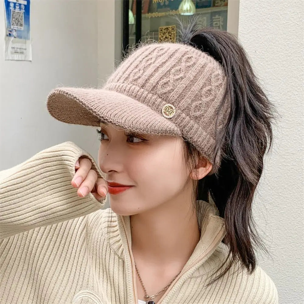 Women Hats 2022 New Autumn Winter Warm Rabbit Knitted Hats Outdoor Sports Golf Ponytail Hat Baseball Caps Empty Top Caps 1PC