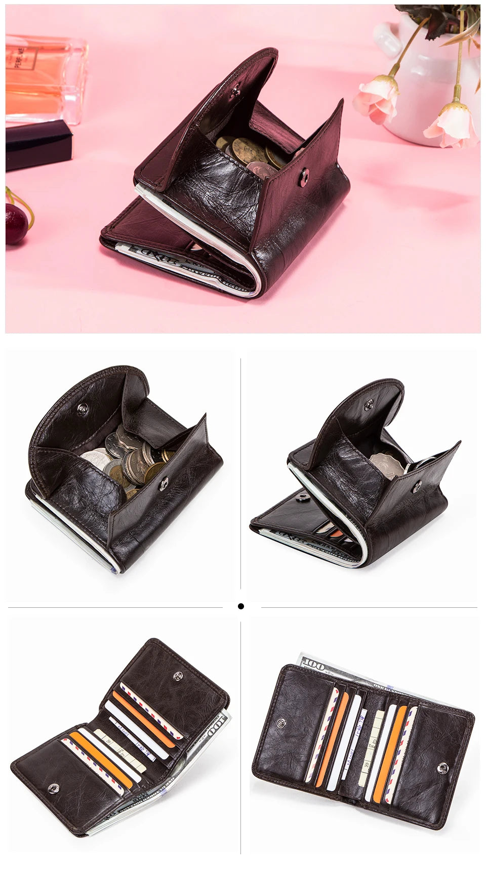 CONTACT'S Genuine Leather Short Wallets for Women Fashion Card Holder Money Clip Coin Purse Female Mini Wallet Women's Bag Purse