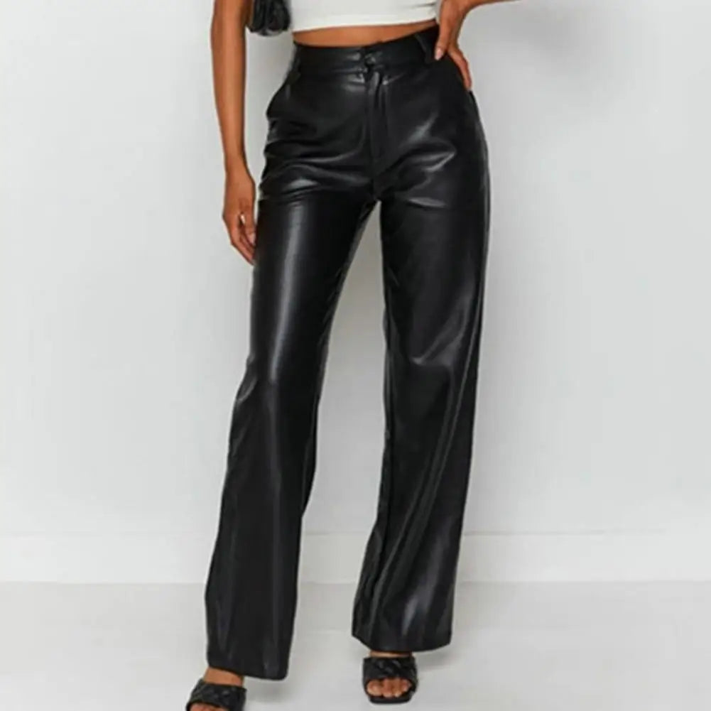 Summer Women Pants Retro Solid Color High Waist Straight Wide Leg Side Pockets Long Pants Slim Fit  Faux Leather Lady Trousers