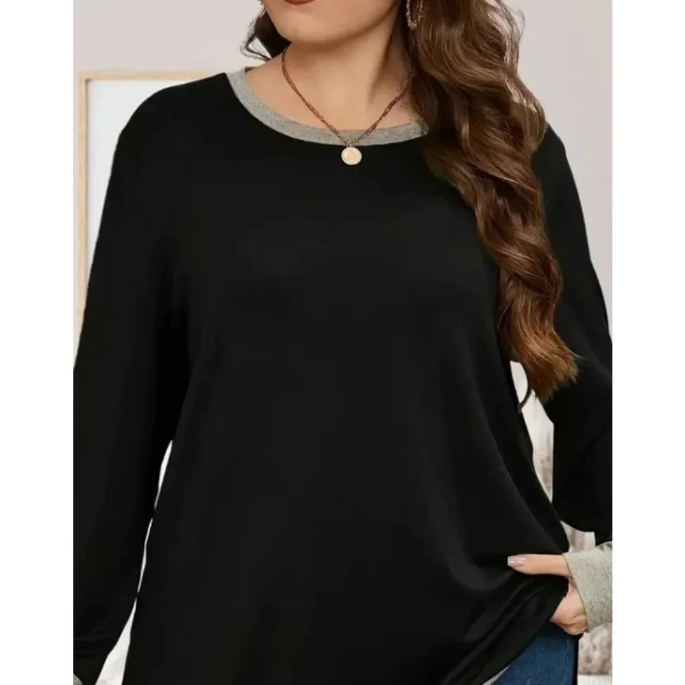 Women's XL-5XL Plus  Size Casual Color Blocking Long-sleeved T-shirt Pullover Fashion Crew-neck Sweatshirt Top