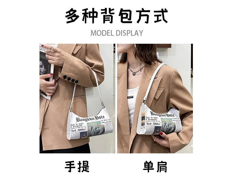 Fashion Women Newspaper Letter Printing PU Leather Shoulder Underarm Bag Casual Ladies Small Purse Buckle Handbag Messenger Bags